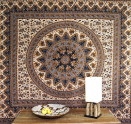 Indiase katoenen bedsprei wandkleed grandfoulard olifanten mandala beige bruin - 210 x 230 cms