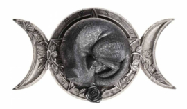 Alchemy The Vault - Witches Familiar - Wicca decoratie - Kat in drievoudige maan met roos - 20.5 cm breed