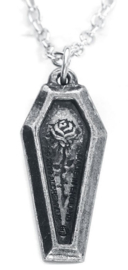 Alchemy Gothic nekketting RIP Rose pewter doodskist met roos - 2.8 cm hoog