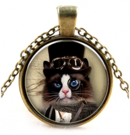 Glazen hanger met ketting Steampunk Cat