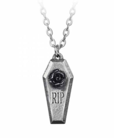 Alchemy Gothic nekketting RIP Rose pewter doodskist met roos - 2.8 cm hoog