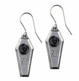 Alchemy Gothic oorbellen RIP Rose pewter doodskisten met rozen - 2.8 cm hoog