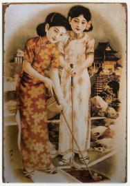 Blikken metalen wandbord Vintage Chinese Dames 20 x 30 cm