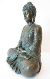 Mediterende Thaise Boeddha Brons Groen - 22 cm hoog