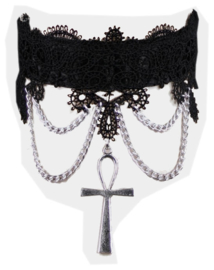 Fantasmagoria Gothic Girl choker zwarte kant met ankh symbool