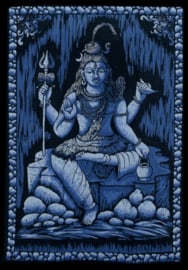 Indiase wandkleed muurkleed katoen Shiva driekleurig zwart wit blauw - c.a.  80 x 110 cm