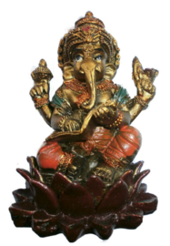 Bronskleurige Ganesha op lotus met boek 8 cm hoog