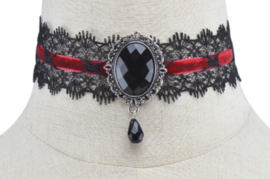 Zwarte Gothic kanten choker met zwart steen