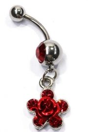 Navelpiercing strass bloem rood 2 - 4 cm lang