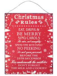 Blikken metalen wandbord Christmas Rules 19 x 24 cm