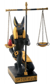 Anubis zwart goud knielend met weegschaal polystone 20 cm hoog