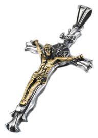 Grote crusifix Christus op Keltisch kruis zilver en goudkleurige Katholieke ketting 316 titanium staal - 11 x 5 cm