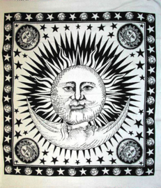 Bedsprei, wandkleed, grand foulard Zon Maan Sterren Zwart Wit - 220 x 240 cm