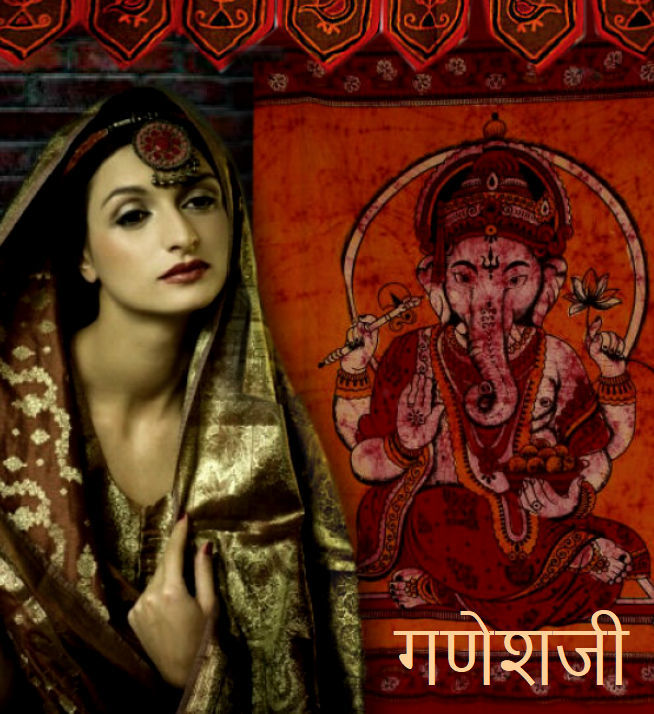 indiase vrouw in sari met ganesha doek en hindu tekst.jpg