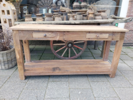 Sidetable oud teakhout , onderplarteau en 2 lades> afm h 77 x br150 x d 40 cm