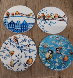 Onderzetters  4 st  assorti > " Bosvogels  " Heinen Delfstblauw