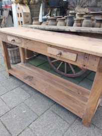 Sidetable oud teakhout , onderplarteau en 2 lades> afm h 77 x br150 x d 40 cm
