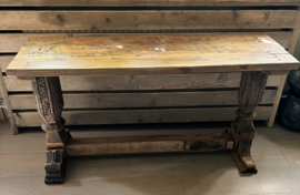 Oud houten Sidetable met sierlijk, stoer onderstel 119 cm > B