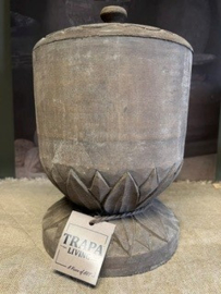 Houten Pot met Deksel bewerkt L > h 27 cm