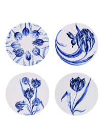 Onderzetters  4 st  assorti > " Vrolijke tulpen  " Heinen Delfstblauw