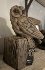 Owl at a statue Maj.brown  d. 14 x h. 20 cm