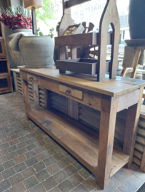 Sidetable oud teakhout , onderplarteau en 2 lades> afm h 77 x br150 x d 40 cm