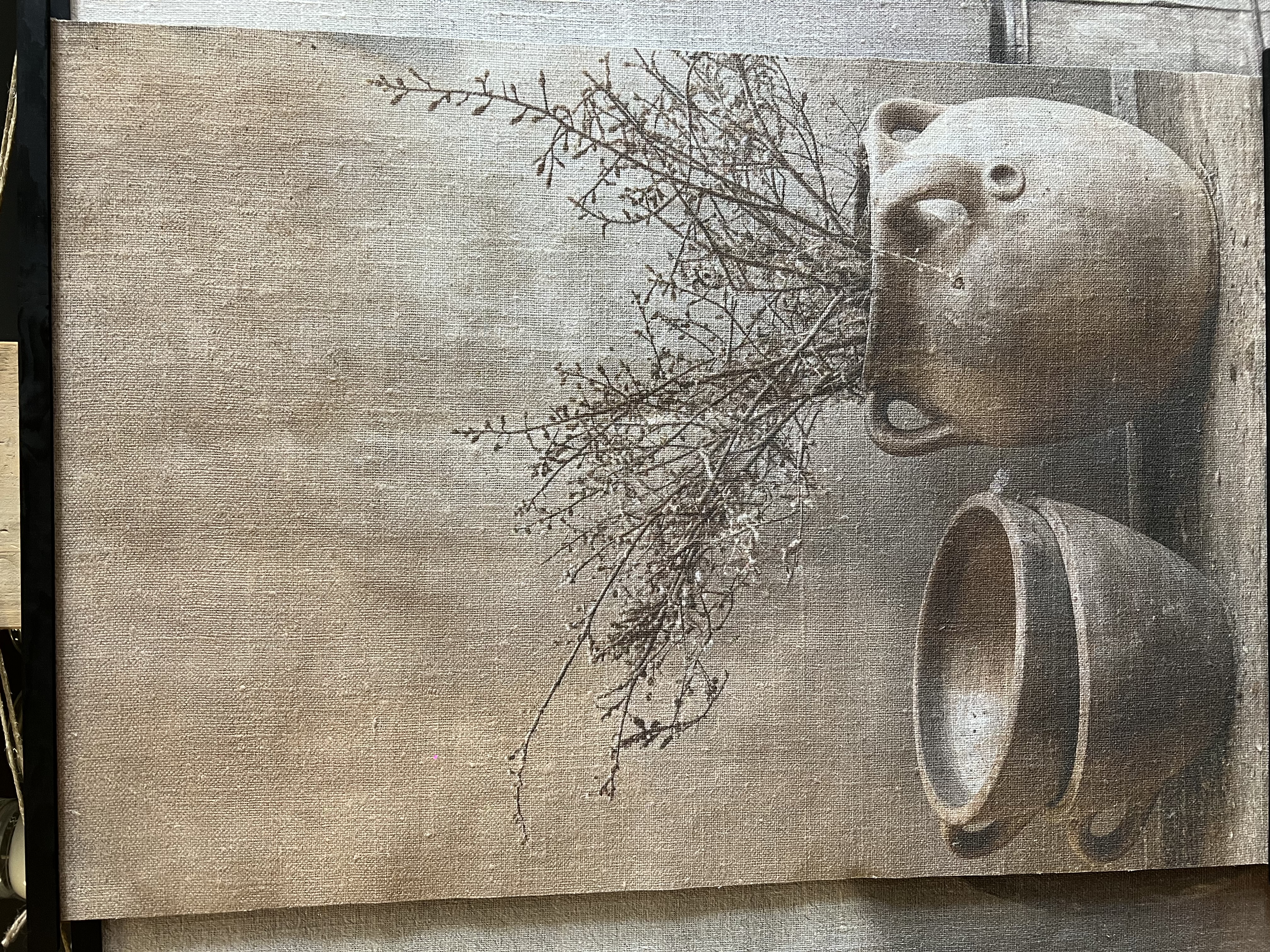 Linnen wanddoek : " pot met schalen " > afm 60 x 90 cm