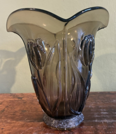 Prachtige Art Deco Fumé Glazen Vaas "Belge" met Tulpenreliëf – Jaren '30