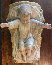 Groot Antiek Kerkbeeld Kindje Jezus in Kribbe – 43cm