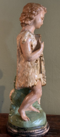 Antiek Religieus Beeld Johannes de Doper met Lam