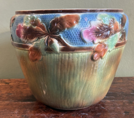 Antieke Franse Barbotine Cache-Pot "Chêne" – Art Nouveau Bloempot c. 1900