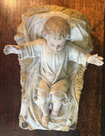 Groot Antiek Kerkbeeld Kindje Jezus in Kribbe – 43cm