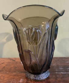 Prachtige Art Deco Fumé Glazen Vaas "Belge" met Tulpenreliëf – Jaren '30