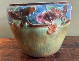 Antieke Franse Barbotine Cache-Pot "Chêne" – Art Nouveau Bloempot c. 1900