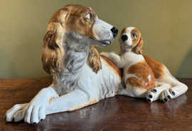 Groot Italiaans Keramisch Hondenbeeld – Spaniel met Pup – Vintage 70s