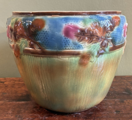 Antieke Franse Barbotine Cache-Pot "Chêne" – Art Nouveau Bloempot c. 1900