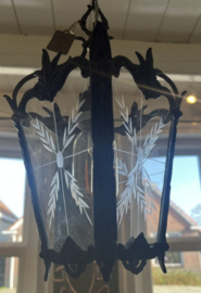 Prachtige Antieke Lantaarn Hanglamp – Geëtst Glas & Smeedwerk