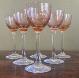 Set van 6 Antieke Elzas Likeurglazen – Rosé/Roze Geslepen Glas