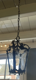 Prachtige Antieke Lantaarn Hanglamp – Geëtst Glas & Smeedwerk