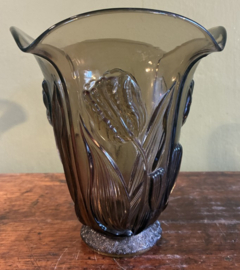 Prachtige Art Deco Fumé Glazen Vaas "Belge" met Tulpenreliëf – Jaren '30