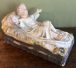 Groot Antiek Kerkbeeld Kindje Jezus in Kribbe – 43cm