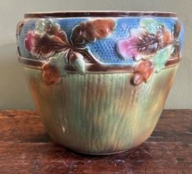 Antieke Franse Barbotine Cache-Pot "Chêne" – Art Nouveau Bloempot c. 1900