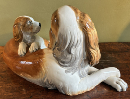 Groot Italiaans Keramisch Hondenbeeld – Spaniel met Pup – Vintage 70s