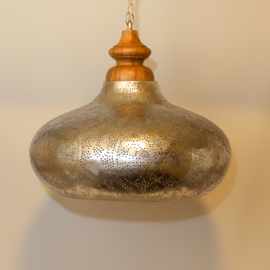 Orientaalse hanglamp met massief houten bovenkant - filigrain style - vintage zilver