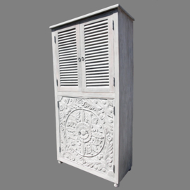 oriental cupboard with shutters and wood carving - white washed