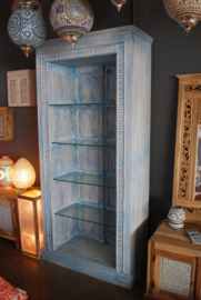 Oriental display cabinet with wood carving - blue washed