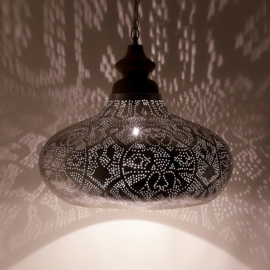 Orientaalse hanglamp met massief houten bovenkant - filigrain style - vintage zilver