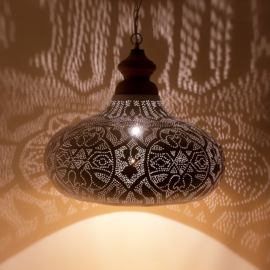 Orientaalse hanglamp met massief houten bovenkant - filigrain style - wit/goud