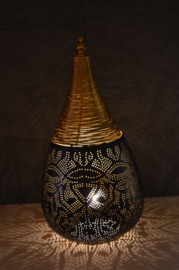 Orientalische Tischlampe im filigranen Tropfen-Stil – Schwarz/Vintage-Gold – groß