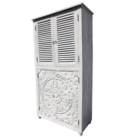 oriental cupboard with shutters and wood carving - white washed